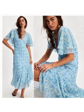 NWOT free people Light Blue Floral V-Neck Ruffle Midi Dress